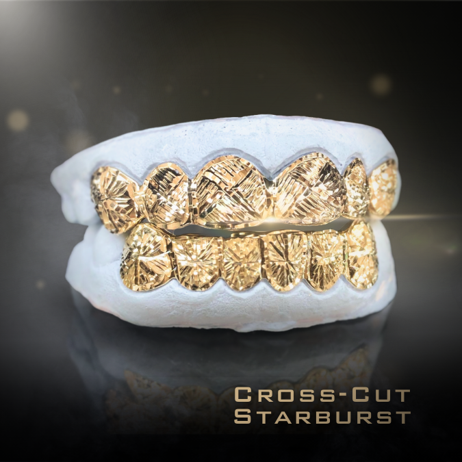 12 Teeth Gold Grillz - 6 Tops/Bottoms (Cross Cuts w/ Starburst)