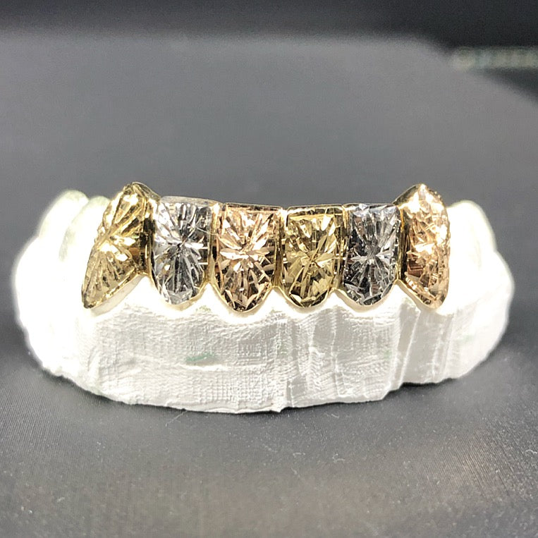 6 Teeth Gold Grillz - 6 Tops or Bottoms (Tri-Color Starburst)