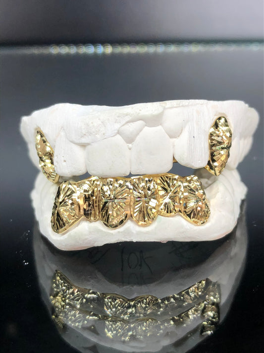 8 Teeth Gold Grillz - 2 Tops & 6 Bottoms (Starburst w/ Back Bridge)