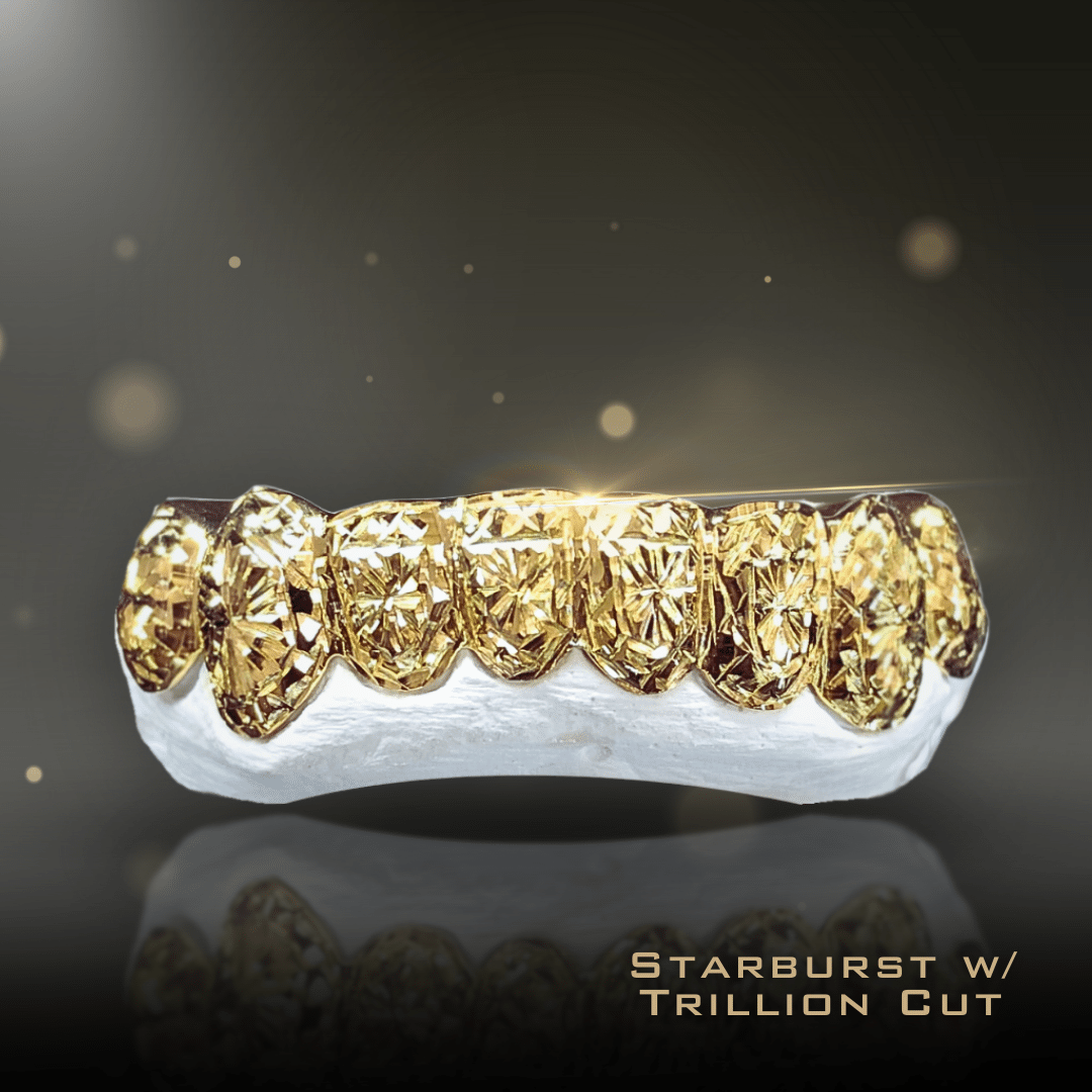 8 Teeth Gold Grillz - 8 Tops or Bottoms (Starburst w/Trillion Cut)