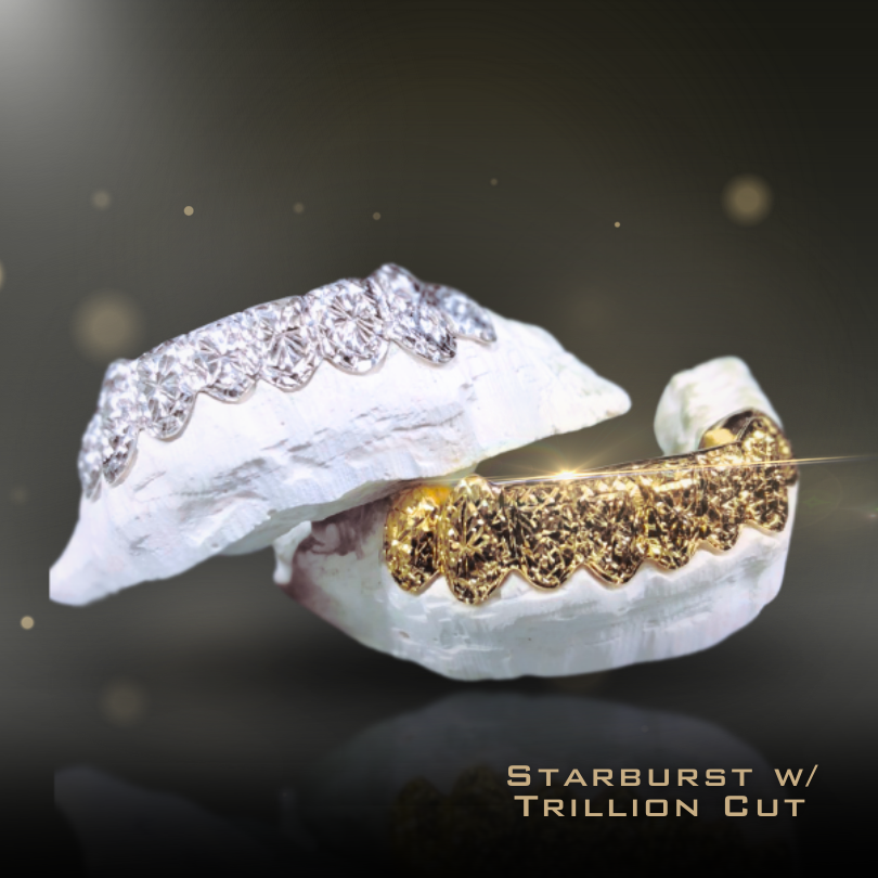 8 Teeth Gold Grillz - 8 Tops or Bottoms (Starburst w/Trillion Cut)