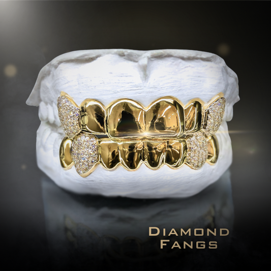 14 Teeth Diamond Grillz - 6 Tops & 8 Bottoms (Gold w/ Diamond Fangs)