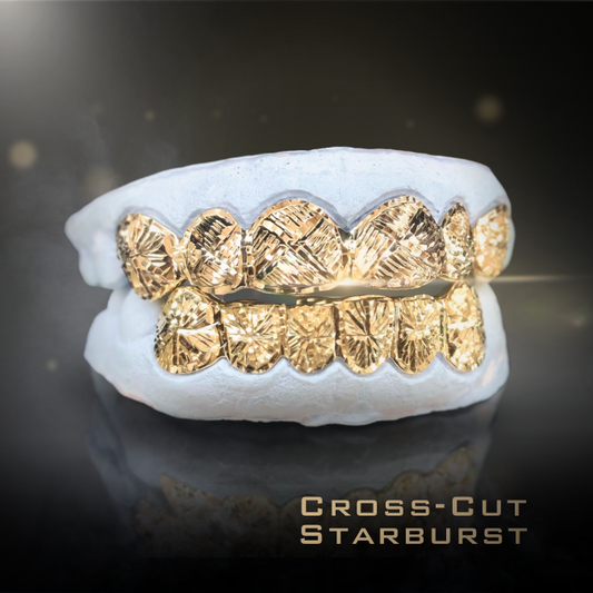 12 Teeth Gold Grillz - 6 Tops/Bottoms (Cross Cuts w/ Starburst)