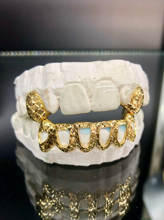 8 Teeth Gold Grillz - 2 Tops & 6 Bottoms (Open Face w/ Back Bridge)