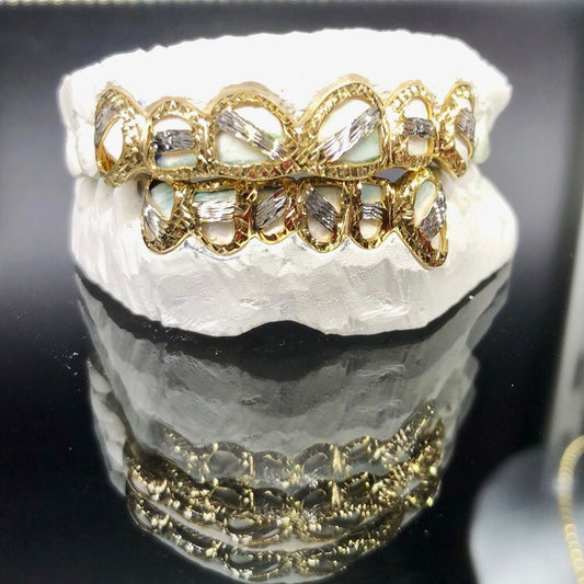 12 Teeth Gold Grillz - 6 Tops/Bottoms (Open Face Diamond Cuts)