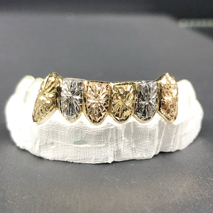 6 Teeth Gold Grillz - 6 Tops or Bottoms (Tri-Color Starburst)