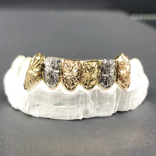 6 Teeth Gold Grillz - 6 Tops or Bottoms (Tri-Color Starburst)