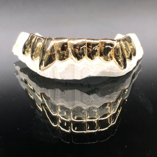 10 Teeth Gold Grillz - 10 Tops or Bottoms (High Polish w/ Deep Cuts)