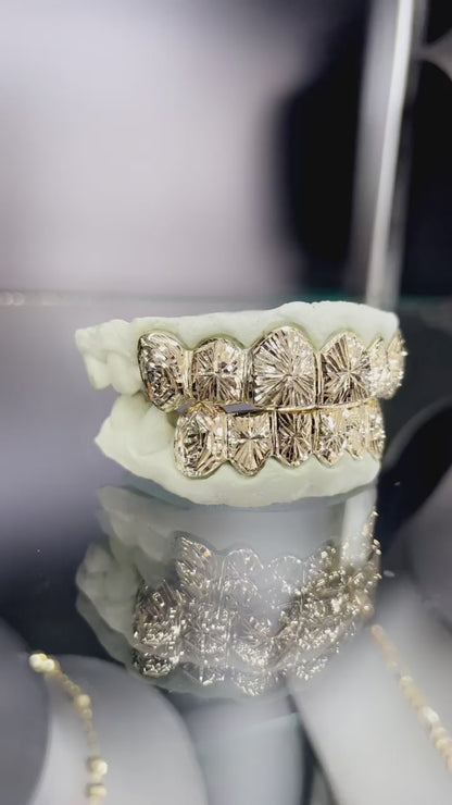 12 Teeth Gold Grillz - 6 Tops/Bottoms (Starburst w/ Rose Cut Fangs)